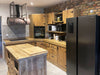Cucina angolare con colonna forno e pensili 354-211x65xh90-200cm + parete lineare con armadio 366x75xh90-200cm mod. BERLINO stile INDUSTRIAL in legno massello