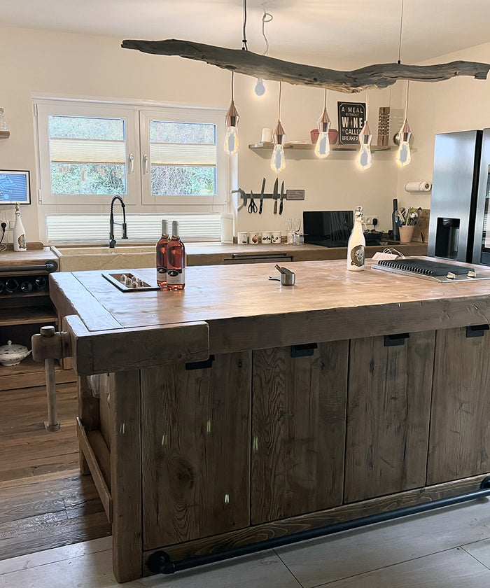 Cucina + isola STOCCARDA stile INDUSTRIAL 415x65xh90cm + 220x120xH100cm tutto legno massello SU MISURA