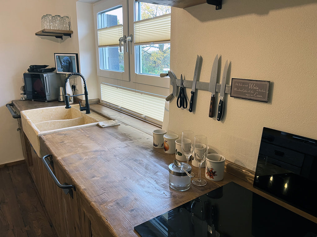 Cucina + isola STOCCARDA stile INDUSTRIAL 415x65xh90cm + 220x120xH100cm tutto legno massello SU MISURA