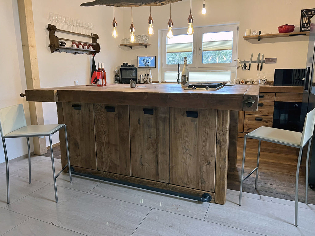 Cucina + isola STOCCARDA stile INDUSTRIAL 415x65xh90cm + 220x120xH100cm tutto legno massello SU MISURA