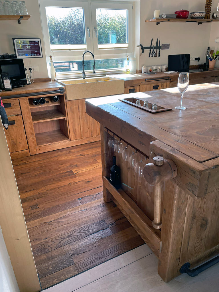 Cucina + isola STOCCARDA stile INDUSTRIAL 415x65xh90cm + 220x120xH100cm tutto legno massello SU MISURA