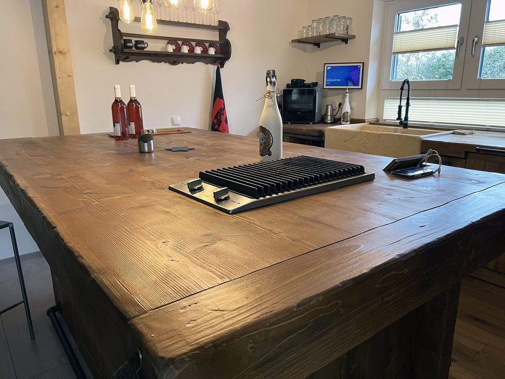 Cucina + isola STOCCARDA stile INDUSTRIAL 415x65xh90cm + 220x120xH100cm tutto legno massello SU MISURA