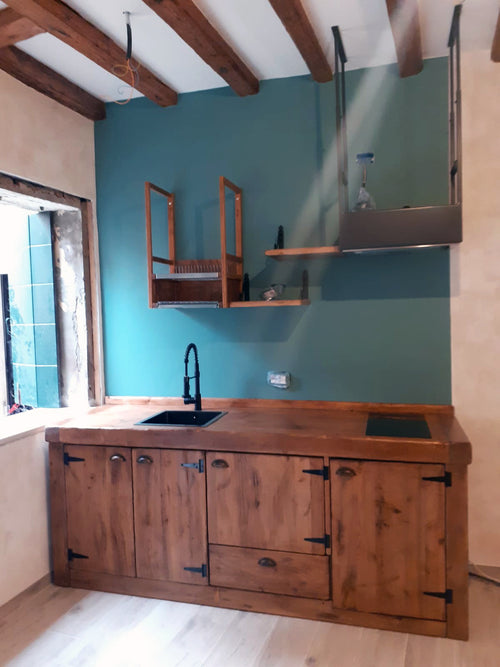 Linear kitchen + hood + dish drainer + shelves RUSTICA model GEMONA in solid wood predisposition for household appliances dimensions 250x63xh90cm
