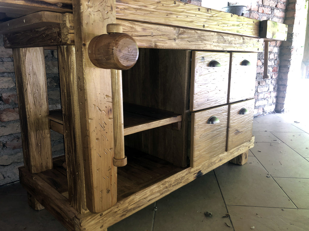 Banco Falegname per arredo cucina e soggiorno stile INDUSTRIAL VISSUTO legno massello 4 cassetti 2 morse 180x55xh85 cm
