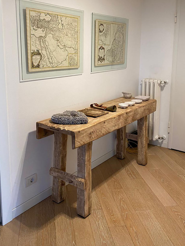 Tavolo alto consolle ingresso soggiorno stile RUSTICO COUNTRY legno massello finitura grezza 150x45xh90 cm