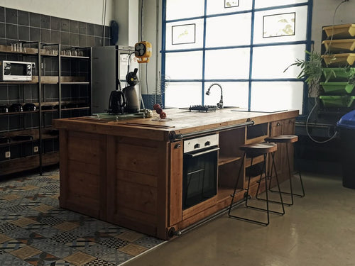 INDUSTRIAL style kitchen island ALL in solid wood with ruined effect, predisposition for appliances 320x160xh95 cm
