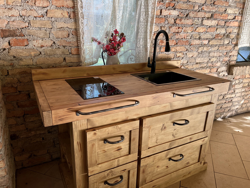 Cucina mini stile COUNTRY / INDUSTRIAL in legno massello con lavello miscelatore e piano cottura inclusi 160x70xh90 cm