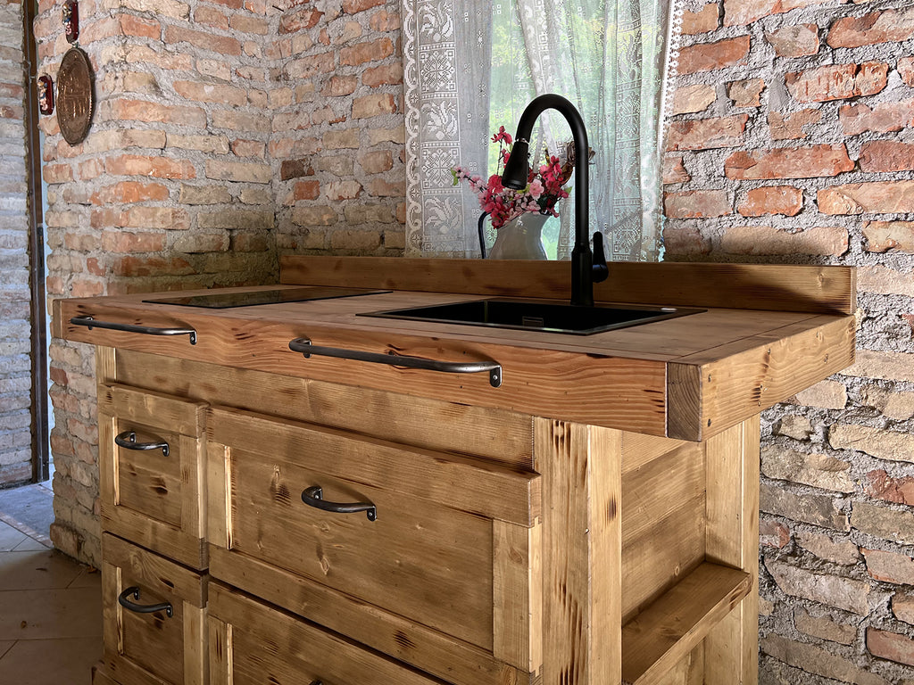 Cucina mini stile COUNTRY / INDUSTRIAL in legno massello con lavello miscelatore e piano cottura inclusi 160x70xh90 cm