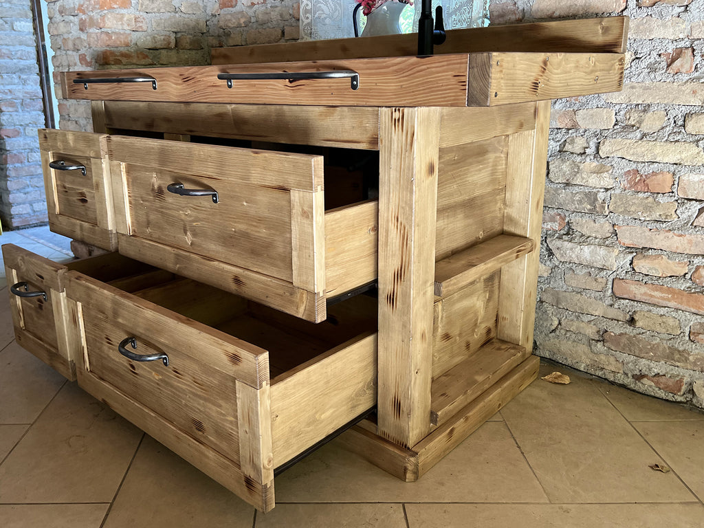 Cucina mini stile COUNTRY / INDUSTRIAL in legno massello con lavello miscelatore e piano cottura inclusi 160x70xh90 cm