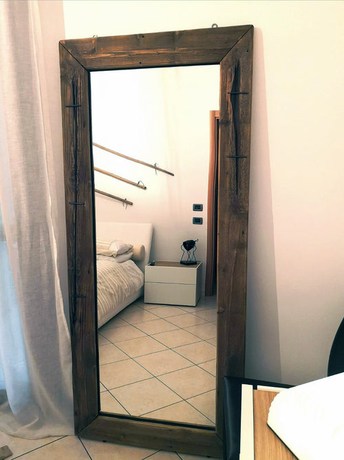 INDUSTRIAL / COUNTRY style bedroom free-standing mirror in solid fir wood with exposed iron staples measures 80xh200 cm