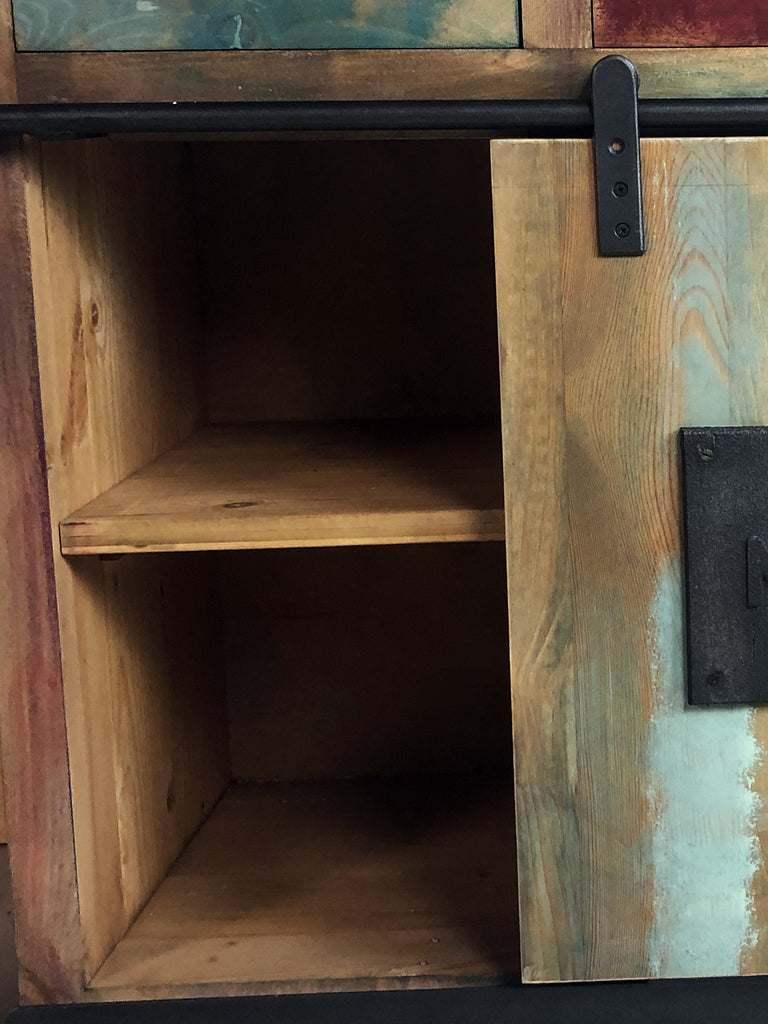 Mobile Credenza Madia soggiorno stile INDUSTRIAL legno massello porte scorrevoli e cassetti 140x50xh100 cm