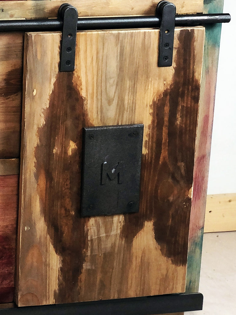 Mobile Credenza Madia soggiorno stile INDUSTRIAL legno massello porte scorrevoli e cassetti 140x50xh100 cm