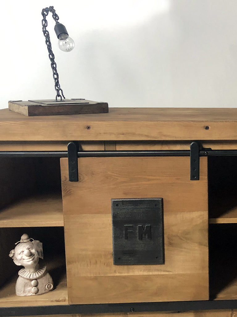 Mobile Sideboard INDUSTRIAL style solid wood sliding doors on rails and open compartments 160x50xh70 cm