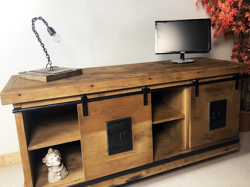 Mobile Sideboard INDUSTRIAL style solid wood sliding doors on rails and open compartments 160x50xh70 cm