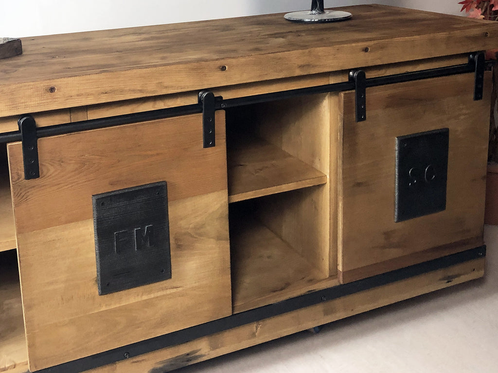 Mobile Sideboard INDUSTRIAL style solid wood sliding doors on rails and open compartments 160x50xh70 cm