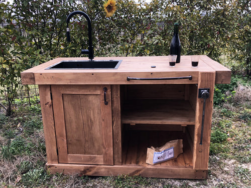 Cucina piccola stile BANCO FALEGNAME / INDUSTRIAL legno massello con lavello e miscelatore inclusi 140x65xh90 cm