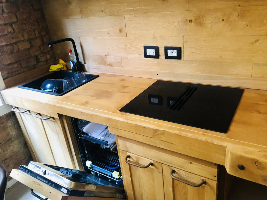 Cucina lineare stile INDUSTRIAL + pensili mensole colonna predisposizione elettrodomestici PARETE IN LEGNO OPZIONALE PERSONALIZZABILE SU MISURA