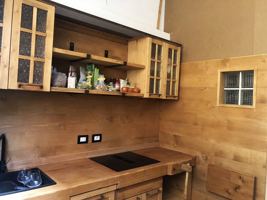 Cucina lineare stile INDUSTRIAL + pensili mensole colonna predisposizione elettrodomestici PARETE IN LEGNO OPZIONALE PERSONALIZZABILE SU MISURA