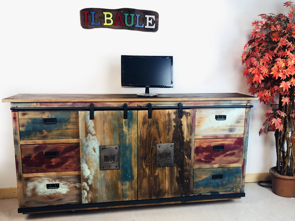 Mobile Credenza Madia soggiorno stile INDUSTRIAL legno massello porte scorrevoli su rotaia 200x50xh90 cm