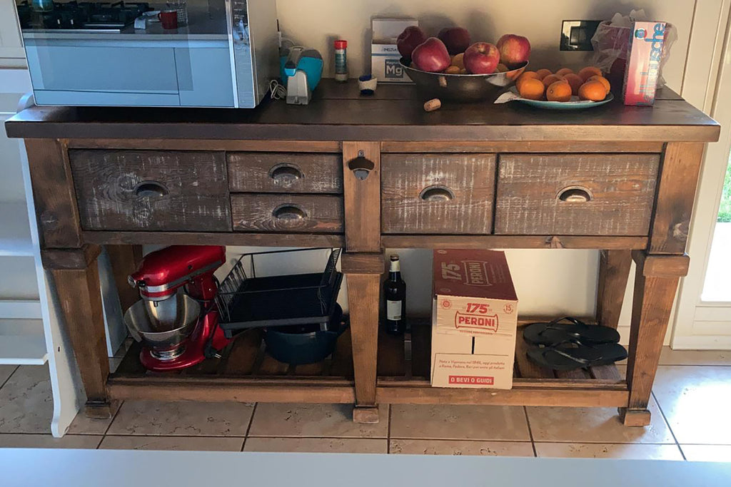 Consolle per arredo isola cucina stile RUSTICO / COUNTRY FATTORIA TUTTO in legno massello con cassetti e ripiano a giorno 170x50xh93 cm