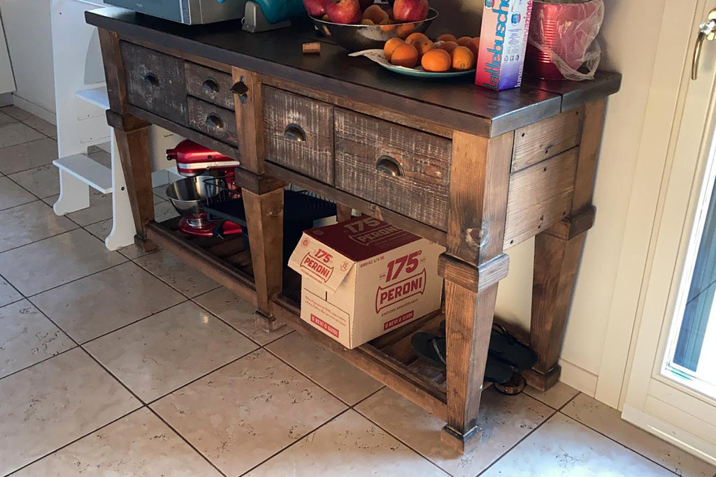 Consolle per arredo isola cucina stile RUSTICO / COUNTRY FATTORIA TUTTO in legno massello con cassetti e ripiano a giorno 170x50xh93 cm