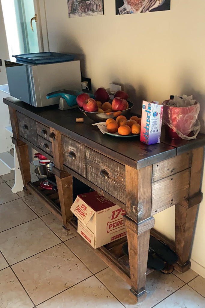 Consolle per arredo isola cucina stile RUSTICO / COUNTRY FATTORIA TUTTO in legno massello con cassetti e ripiano a giorno 170x50xh93 cm