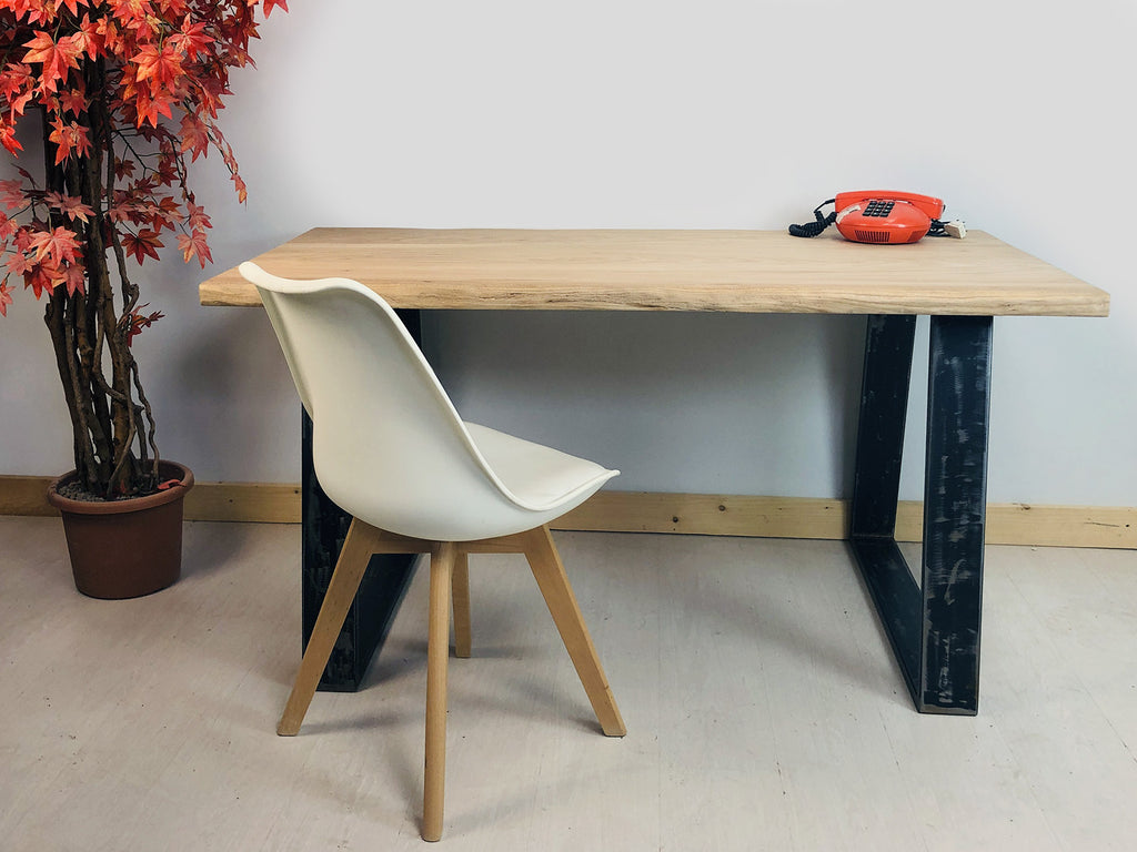 Tavolo fisso cucina o scrivania stile INDUSTRIAL legno massello di olmo e gambe in ferro a trapezio 150x78xh75 cm