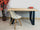 Tavolo fisso cucina o scrivania stile INDUSTRIAL legno massello di olmo e gambe in ferro a trapezio 150x78xh75 cm