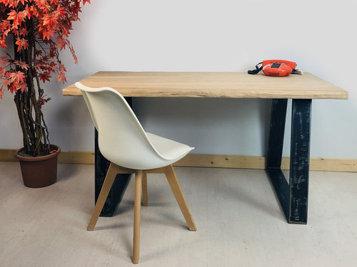 Tavolo fisso cucina o scrivania stile INDUSTRIAL legno massello di olmo e gambe in ferro a trapezio 150x78xh75 cm