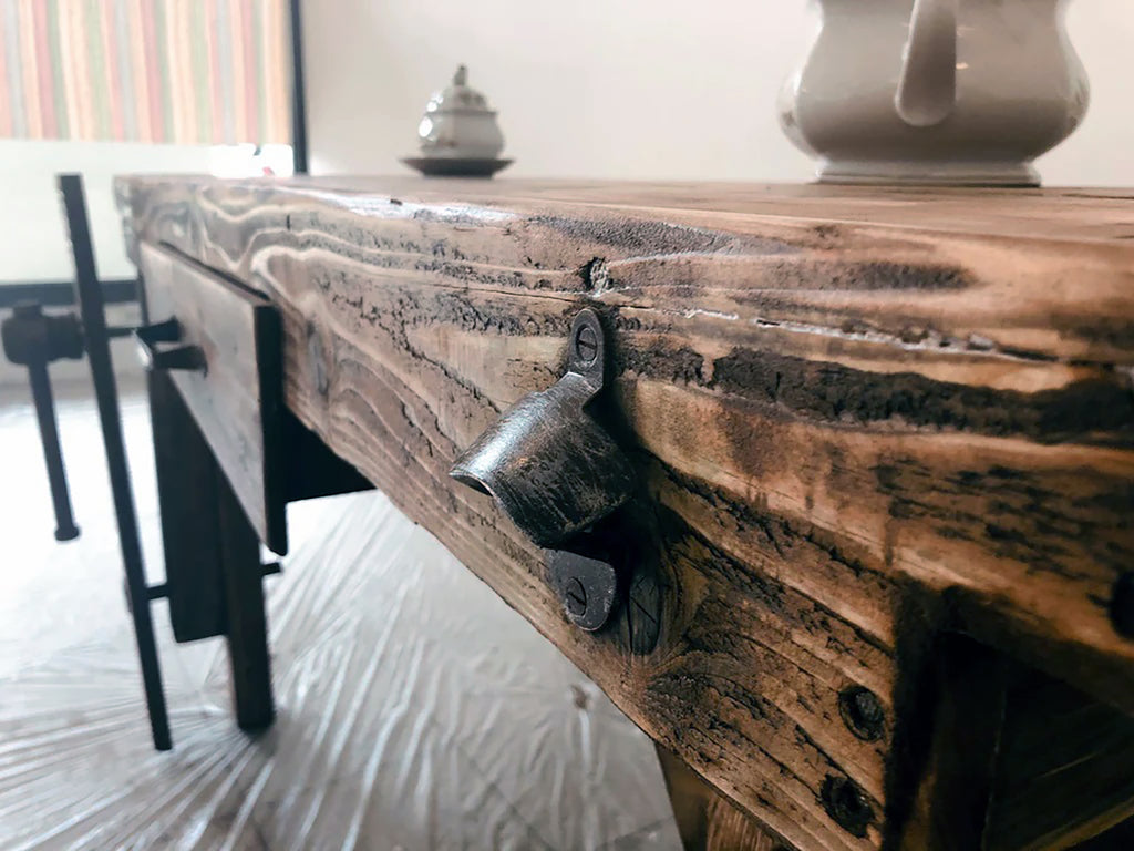 Solid wood BANCO FALEGNAME / INDUSTRIAL style kitchen and dining table with drawer and wooden vice 160x80x80 cm