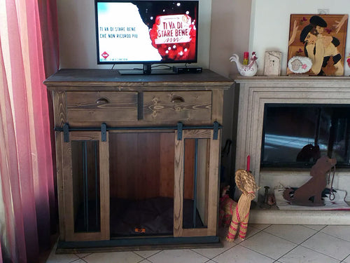 Mobile soggiorno stile INDUSTRIAL legno massello porte scorrevoli e cuccia per il cane 120x70xh120 cm