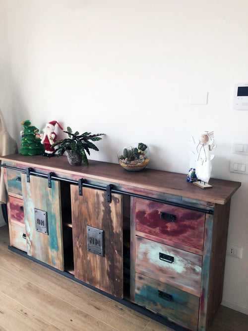 Mobile Credenza Madia soggiorno stile INDUSTRIAL legno massello porte scorrevoli su rotaia 200x50xh90 cm