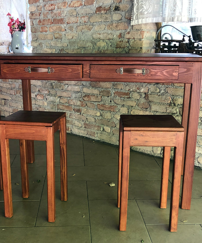 Console Raised snack table COUNTRY style kitchen island solid wood 2 drawers leather handles 130x50xh100 cm