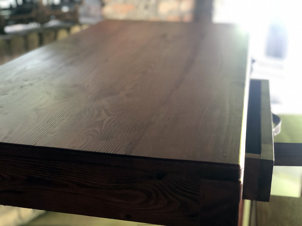 Consolle Tavolo rialzato snack isola cucina stile COUNTRY legno massello 2 cassetti maniglie in cuoio 130x50xh100 cm