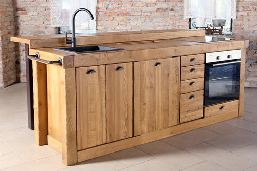 Kitchen island with INDUSTRIAL style high counter ALL in solid wood with provision for appliances 240x120xh90 cm
