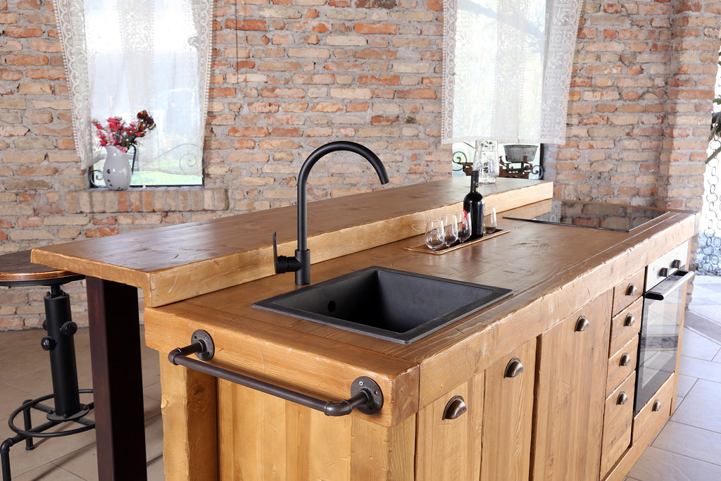 Kitchen island with INDUSTRIAL style high counter ALL in solid wood with provision for appliances 240x120xh90 cm