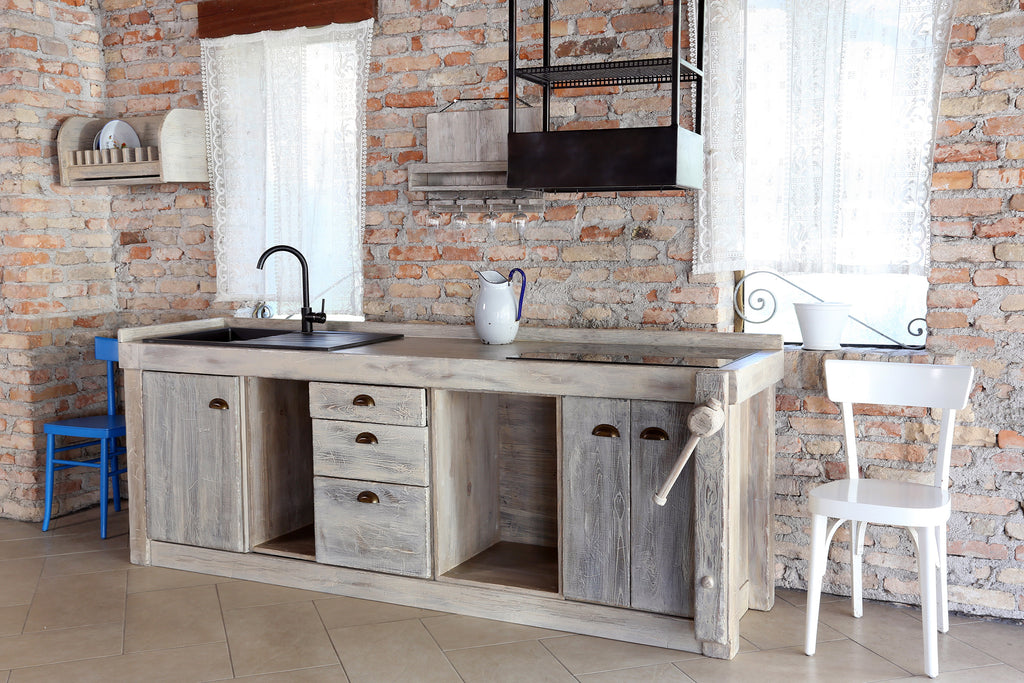 Cucina INDUSTRIAL SHABBY + scolapiatti mensola predisposizione per elettrodomestici 240x60xh88 cm TUTTA IN LEGNO MASSELLO