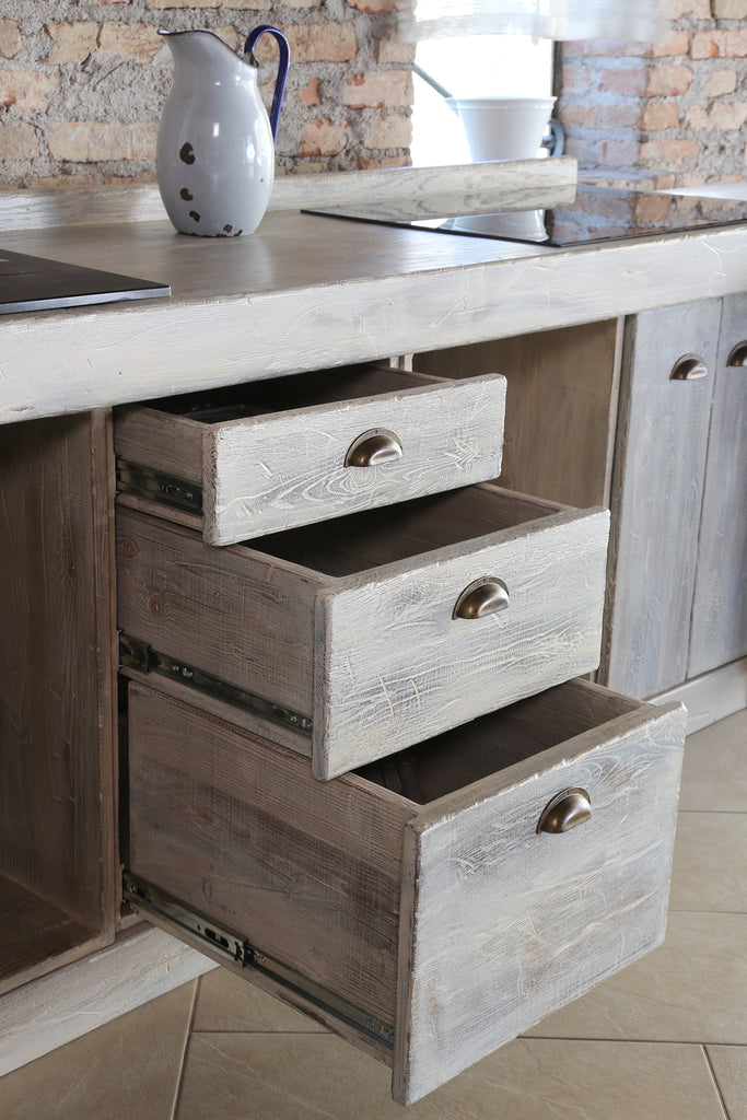 Cucina INDUSTRIAL SHABBY + scolapiatti mensola predisposizione per elettrodomestici 240x60xh88 cm TUTTA IN LEGNO MASSELLO