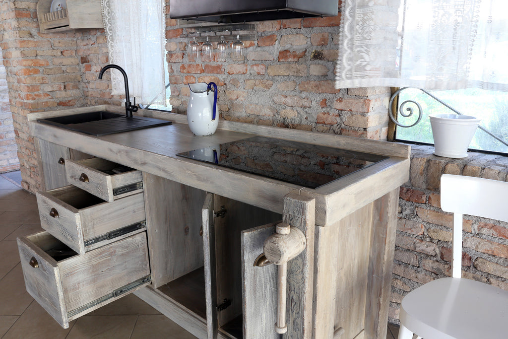 Cucina INDUSTRIAL SHABBY + scolapiatti mensola predisposizione per elettrodomestici 240x60xh88 cm TUTTA IN LEGNO MASSELLO