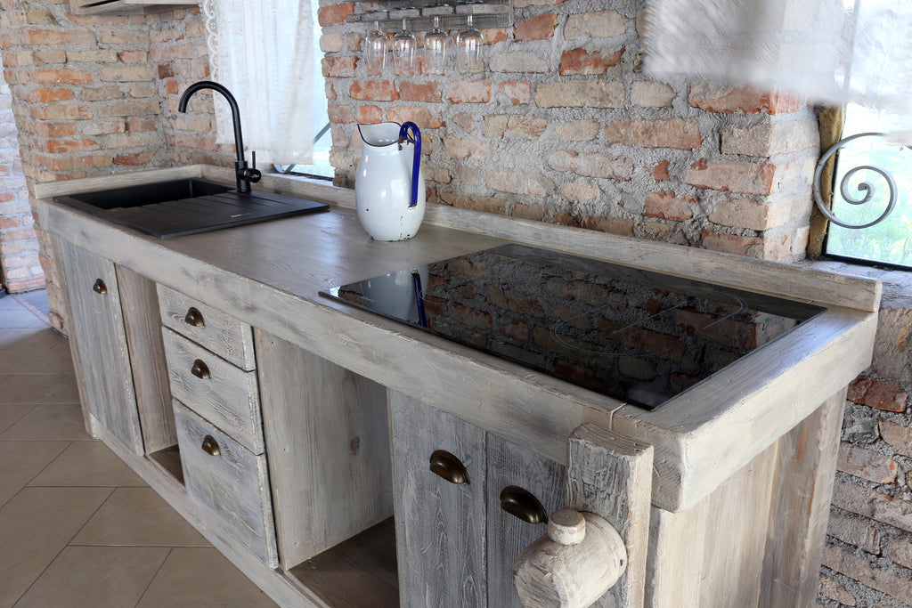 Cucina INDUSTRIAL SHABBY + scolapiatti mensola predisposizione per elettrodomestici 240x60xh88 cm TUTTA IN LEGNO MASSELLO