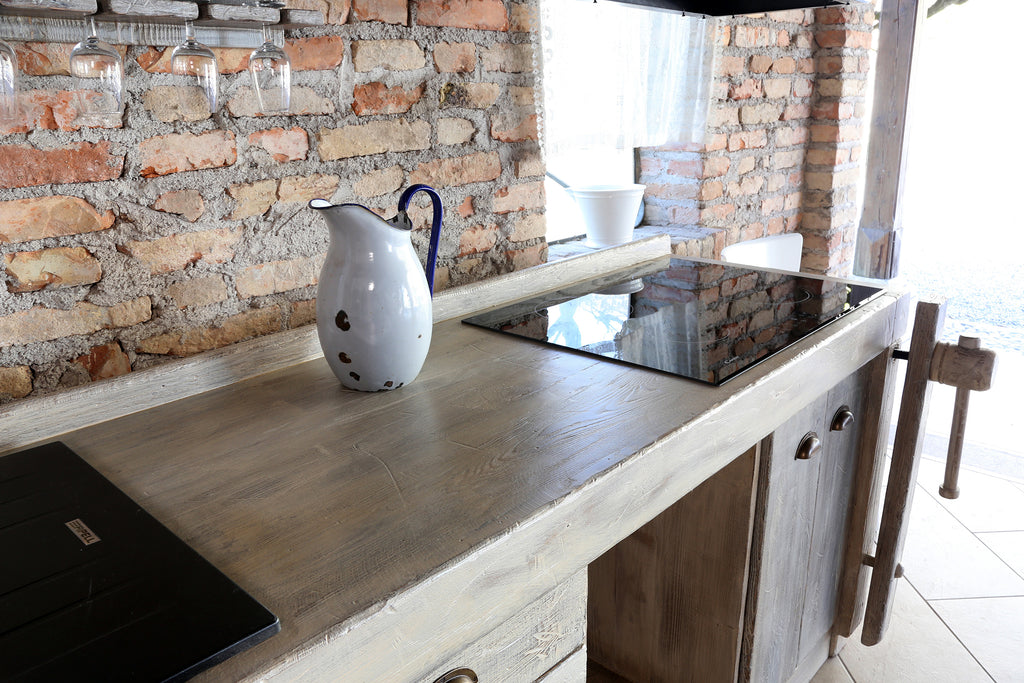 Cucina INDUSTRIAL SHABBY + scolapiatti mensola predisposizione per elettrodomestici 240x60xh88 cm TUTTA IN LEGNO MASSELLO