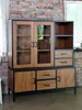 Mobile Credenza con Vetrina e Libreria stile INDUSTRIAL struttura in ferro ante frassino massello 160x40/50xh160 cm