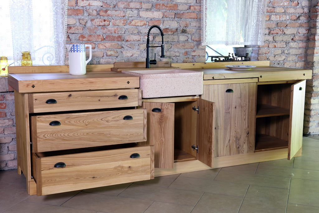 COUNTRY / RUSTIC style kitchen in solid ash and fir with stone sink, dishwasher ready, measures 280x65xh90 cm