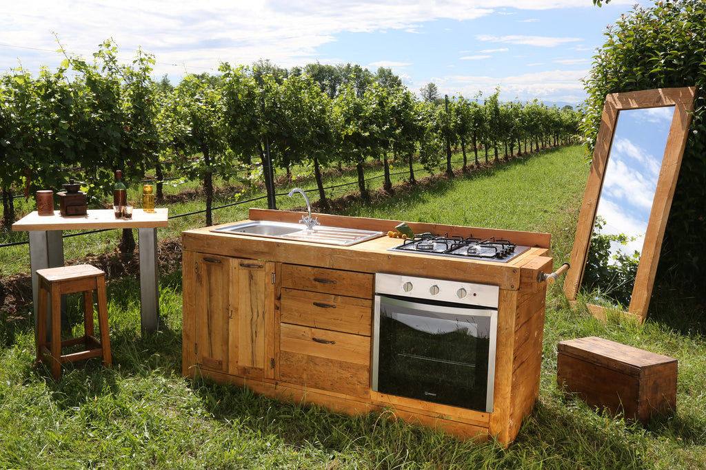 Cucina lineare 200x65xh87 cm stile INDUSTRIAL / COUNTRY TUTTA in legno massello COMPLETA DI ELETTRODOMESTICI + SPECCHIO 80xh200 cm