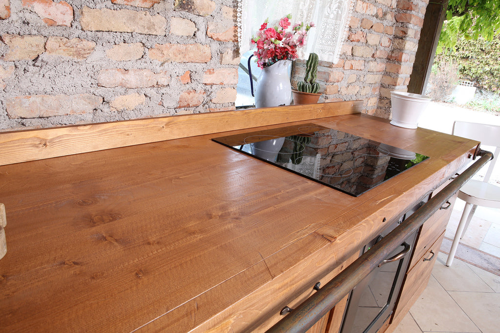 Cucina angolare stile INDUSTRIAL / COUNTRY TUTTO legno massello finitura ad effetto rovinato predisposizione elettrodomestici 280x160x65xh87 cm