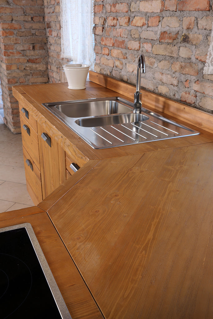 Cucina angolare stile INDUSTRIAL / COUNTRY TUTTO legno massello con predisposizione elettrodomestici misure 300x200x65xh87 cm