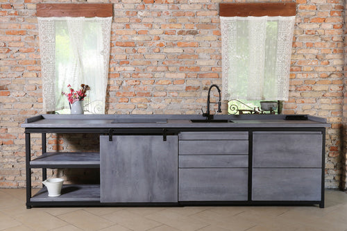 INDUSTRIAL style linear kitchen, structure in iron and solid wood, concrete finish, measures 320x60xh90 cm