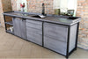 Cucina lineare stile INDUSTRIAL struttura in ferro e legno massello finitura cemento misure 320x60xh90 cm