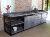 Cucina lineare stile INDUSTRIAL struttura in ferro e legno massello finitura cemento misure 320x60xh90 cm