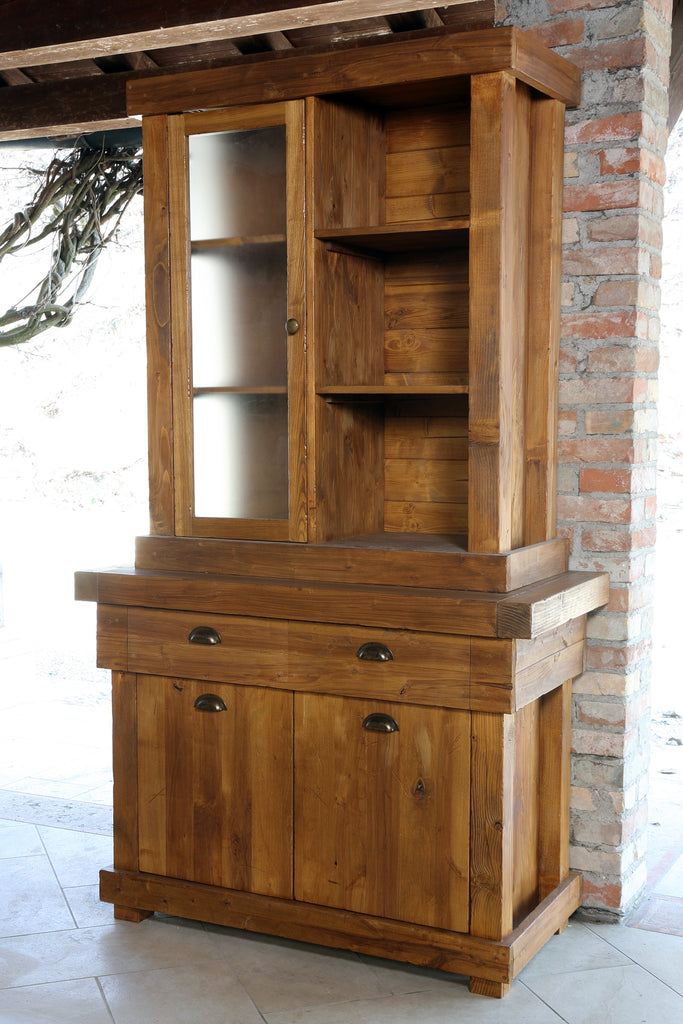 Mobile Credenza Vetrina stile RUSTICO / COUNTRY FATTORIA legno massello due ante due cassetti 120x40xh220 cm